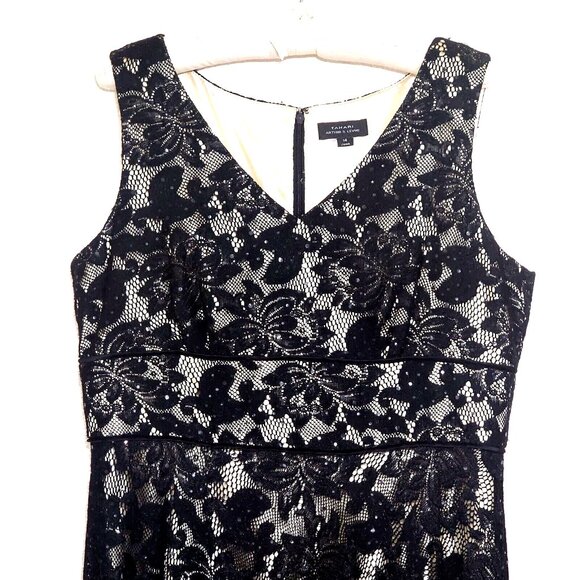 Tahari ASL Black Lace Sequin Dress Shimmery Gold Lining Fit & Flare - Picture 2 of 5
